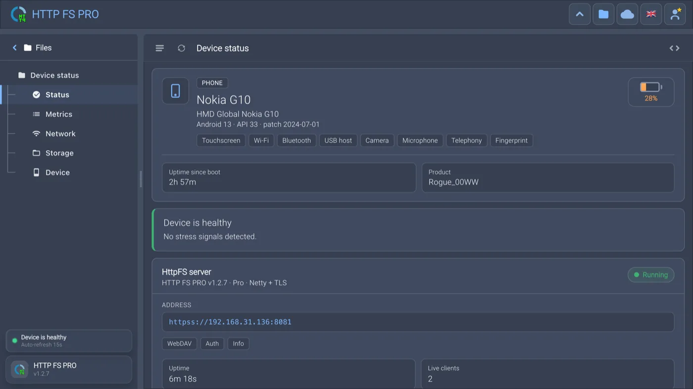 Device status page in web browser